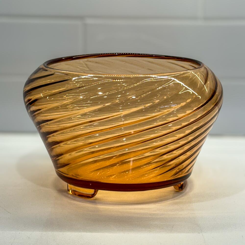 Vintage Art Deco Handblown Amber Swirl Art Glass Vase, Bowl, Console Bowl, 8"W